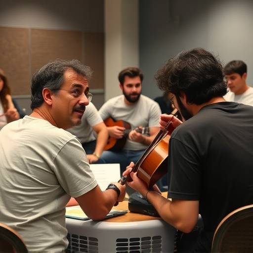 Alunos rindo durante um exercício de improvisaäão em aula.
