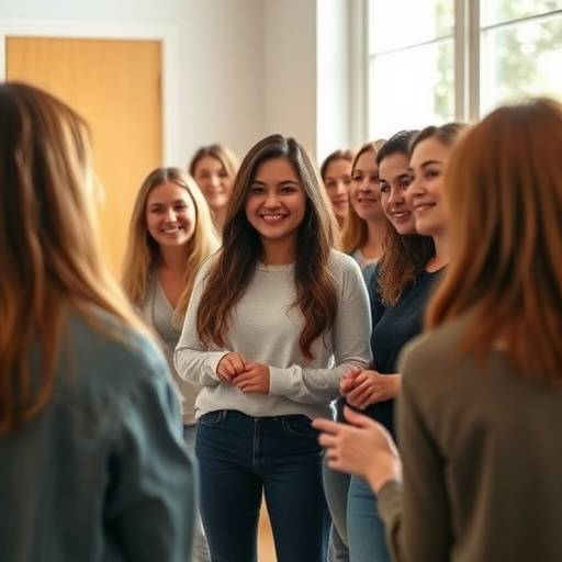 Grupo de alunos participando de um exercício de atuaäão em um curso para iniciantes.
